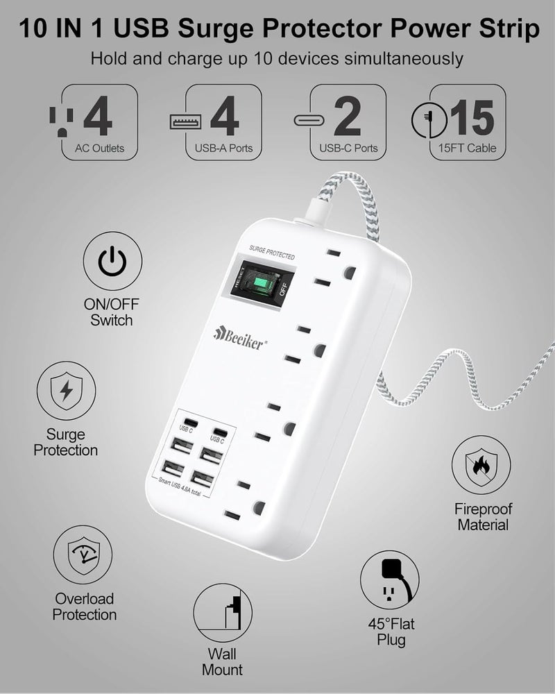 Beeiker 6 USB(2 USB C) Surge Protector Power Strip- 15 Ft Extension Cord with 6 USB Charging Station and 4 Outlets, Flat Plug Long Braided Extension Cord with Multiple Outlets Wall Mount for Home Office Dorm - Image 4